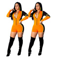 Superstarer Wholesale Latest Design Patchwork Short Knee Length Rompers for Women V Neck Bodycon Onesie Translucent Jumpsuit